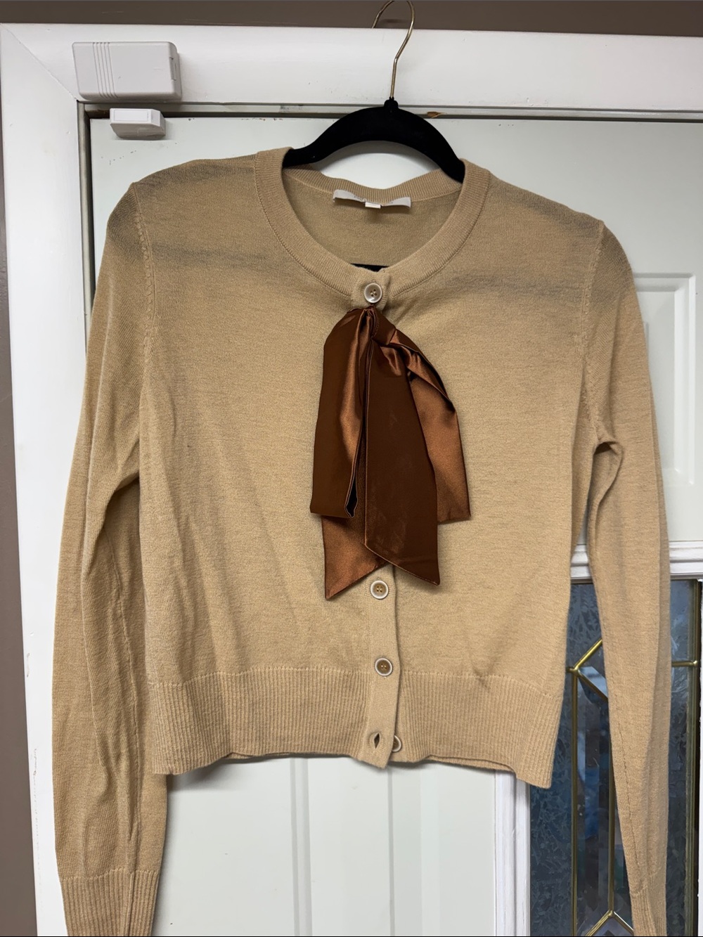 Favorite Daughter Beige Knit Cardigan with Brown Satin Bow